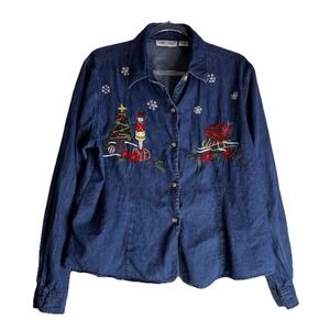 VTG Embroidered  Denim Women's XL Shirt  Christmas  Scene Button Up ‎ Grannycore